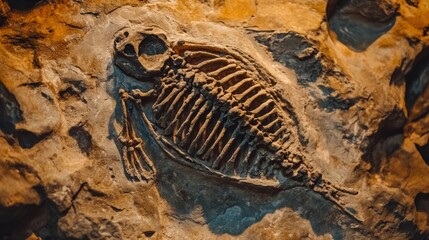 Ancient fossil of prehistoric reptile embedded in rock formation