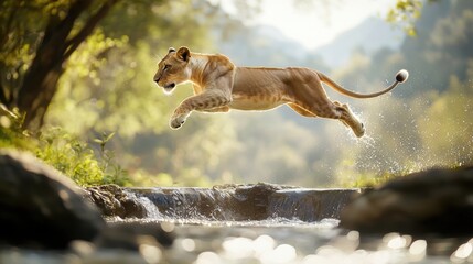 A lioness leaping across a stream, her body suspended in mid air, her muscles taut, showcasing their incredible agility and athleticism.