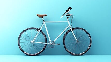 A sleek bicycle with a swallow perched on the handlebars on a periwinkle blue background