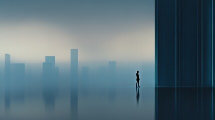 Obraz premium Futuristic Cityscape with Silhouette Against Abstract Backdrop