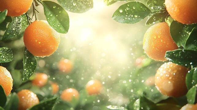 A summery design with citrus leaves framing the edges, highlighted by dew-covered textures and warm sunlight, a blank space in the center for text, natural and vivid, hd quality. --ar 16:9