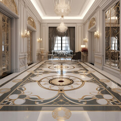 Obraz premium Luxury Hallway Interior Design Marble Floor Gold Accents Crystal Chandelier