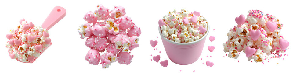 Delicious pink popcorn collection in various forms, perfect for parties and celebrations. Sweet, fun, and visually appealing treat.