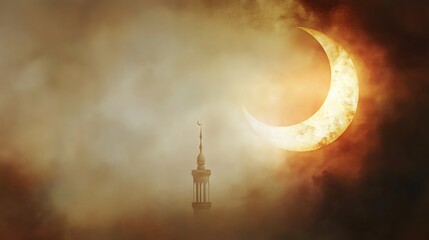 Fototapeta premium Crescent Moon Over Mosque Minaret in Hazy Sky