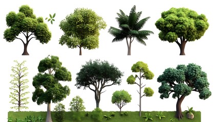 Fototapeta premium Various Types of Green Trees Displayed on White Background for Nature, Landscaping, and Environment Themes in Stock Photography and Design Projects 