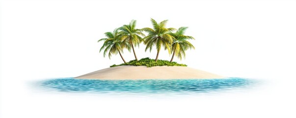 Small tropical island with vibrant palm fronds, sandy shore, and crystal-clear ocean, set against a bright white background