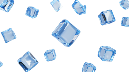 crystal ice cubes floating isolated on white transparent background