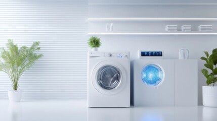 Modern laundry room with white washing machine and dryer, minimalistic design and stylish decorations