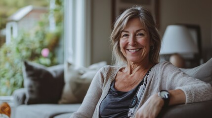 Smiling woman with an insulin pump or other medical device attached, enjoying a moment in her living room, showing resilience in managing a chronic condition.