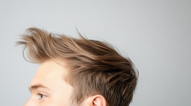 Profile view of a young male with stylish hair, showcasing modern hairstyle trends and grooming techniques against a neutral background.