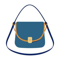 Blue Crossbody Bag with Gold Clasp and Straps, Illustration of a sleek blue crossbody bag featuring a gold button clasp, tan accents, and adjustable navy straps in a modern style.  
