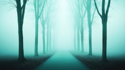 Obraz premium A path leading through a foggy forest, the trees barely visible in the distance, inviting a sense of adventure and the unknown.