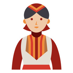 Woman in Traditional Red and Beige Attire, Flat illustration of a woman wearing a traditional red and beige outfit with striped details and a matching headdress, in cultural style.  
