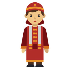 Person in Red Traditional Outfit with Hat,  Flat illustration of a person wearing a red traditional outfit with yellow accents, a patterned design, and a matching hat in cultural style.  
