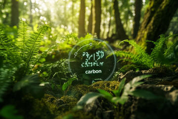 Zero Carbon Concept in a Sunlit Forest Environment with Ferns and Moss, Highlighting Sustainability and Eco-Friendly Initiatives