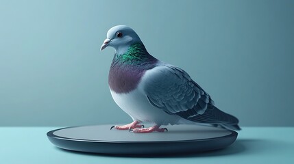 A wireless charging pad with a pigeon sitting on it set against a muted blue background
