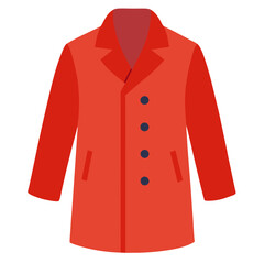 Bright Red Double-Breasted Coat Illustration, Flat illustration of a bright red double-breasted coat featuring dark buttons, lapel collar, and pockets in a sleek modern design. 

