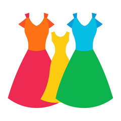 Colorful Dresses Illustration in Modern Style, Flat illustration of three colorful dresses in red, orange, yellow, blue, and green, featuring vibrant tones and stylish designs. 
