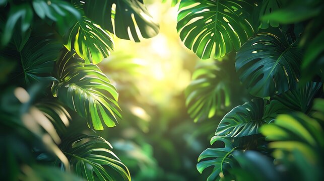 A tropical jungle frame with vibrant monstera leaves, glowing softly under warm sunlight, shadows enhancing the depth and richness, central space left clean for text, vivid and immersive, hd quality.