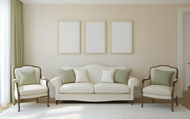 Elegant living room interior design, cream sofa, three frames, pale walls, sunlight.