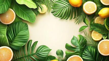 A tropical summer border with lush citrus leaves, interspersed with bright lemon and orange slices for added freshness, sunlight casting subtle shadows, clean white space in the center for text,