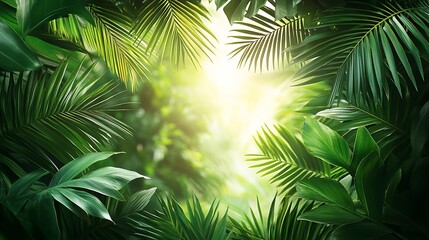 A tropical-inspired border of overlapping palm leaves, vibrant green tones illuminated by warm sunlight, subtle shadows adding depth, blank white central space for text, refreshing and serene,