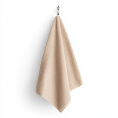 A soft, beige towel hanging on a hook, showcasing its plush texture and simple design, perfect for any bathroom or kitchen setting.
