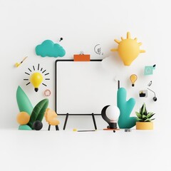 Fototapeta premium Creative and Vibrant Workspace Composition Featuring Blank Board, Colorful Elements, Plants, and Design Icons for Modern Business and Branding Needs