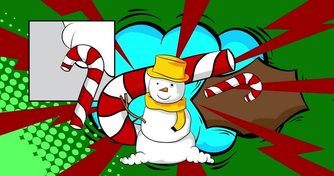 Cartoon Candy cane and Snowman, comic book holiday. Retro vector comics pop art design.