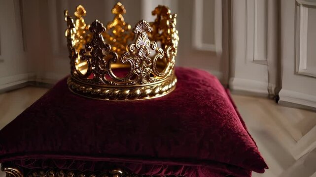 Golden Crown Placed on a Red Velvet Cushion in a Royal Setting