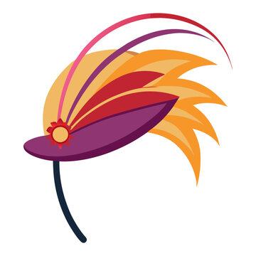 Purple Fascinator Headband with Feathers and Flower,  A stylish purple fascinator headband adorned with vibrant orange and red feathers and a flower, perfect for formal or costume events.  
