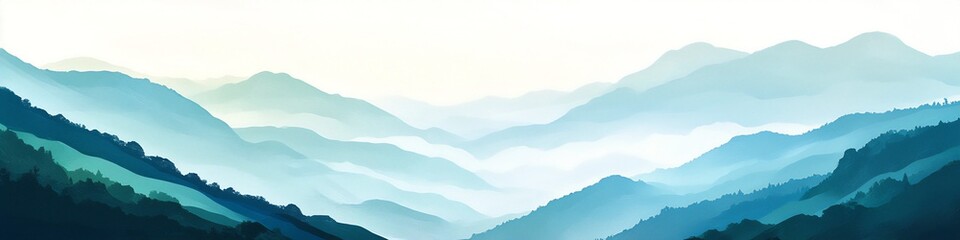 Fototapeta premium Tranquil layered mountain landscape in soft blue tones with misty atmospheric depth