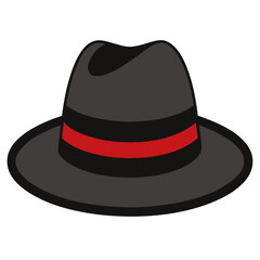 Classic Black Fedora Hat with Red Band, A simple illustration of a black fedora hat featuring a bold red band, perfect for fashion, style, or vintage-themed projects. 
