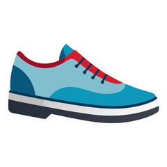 Blue and Red Casual Shoe Illustration, A stylish blue casual shoe with red accents and a white-striped sole, depicted in a clean and modern flat vector style.  
