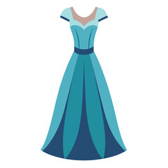 Elegant Blue Gown Illustration with Cap Sleeves, Flat illustration of a flowing blue gown featuring cap sleeves, a fitted bodice, and a flared skirt with layered details, ideal for formal themes.  
