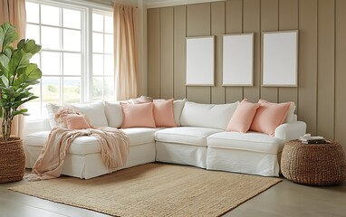 Coastal living room sectional sofa, natural light, beige walls, ocean view.