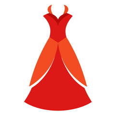 Red and Orange Gown Illustration with Flared Design, Flat illustration of a red gown featuring orange overlay accents, a fitted bodice, and a flared skirt, perfect for formal or festive themes.  
