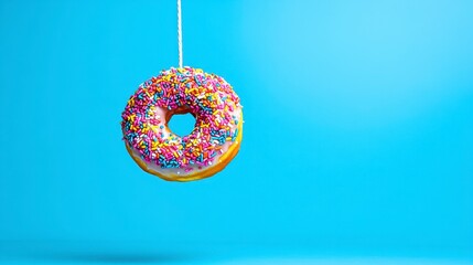 A colorful donut with sprinkles suspended against a bright blue background, showcasing a fun and playful dessert theme