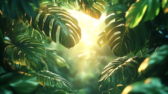 A vibrant jungle border featuring large monstera leaves illuminated by sunlight, fine details and subtle light and shadow interplay, central area left blank for text, rich and lifelike, hd quality.