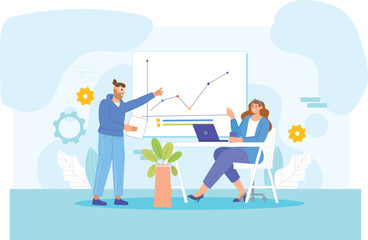 A flat 2D vector illustration of business growth and planning, featuring a team analyzing graphs, charts, and strategies, with elements like upward arrows