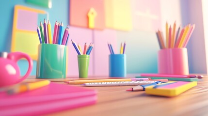 Fototapeta premium Colorful Pencils in Cups on Wooden Desk