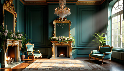 luxurious vintage living room with elegant decor and chandelier