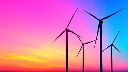 Obraz premium Wind turbines silhouetted against a stunning gradient sunset sky blending vibrant pink, purple, and blue hues