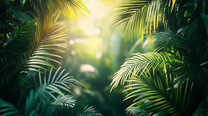 A vibrant tropical frame with lush green palm leaves, their sharp textures and natural curves creating a dynamic border, sunlight casting gentle highlights, the center left blank for text,