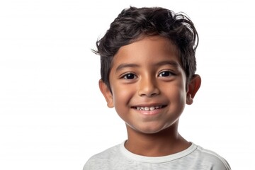 portrait of smiling hispanic boy isolated on white