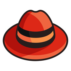 Red Hat Illustration with Black and Orange Band, Flat illustration of a red hat featuring a wide brim, structured crown, and a bold black and orange band, ideal for fashion or outdoor visuals.  
