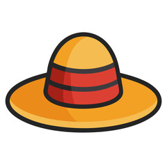 Yellow Sombrero Illustration with Red Stripes, Flat illustration of a yellow sombrero featuring a wide brim and red striped bands around the crown, ideal for cultural or festive designs.  
