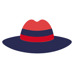 Red and Navy Wide-Brim Hat Illustration, Flat illustration of a stylish wide-brim hat featuring a red crown with a navy band and brim, perfect for fashion or summer themes.  
