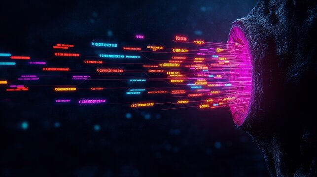 A vibrant digital glimpse into the future where bright data streams emerge from a source, symbolizing technology and information flow