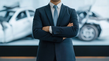 confident man in suit stands with arms crossed in front of car accident photos, conveying professionalism and seriousness